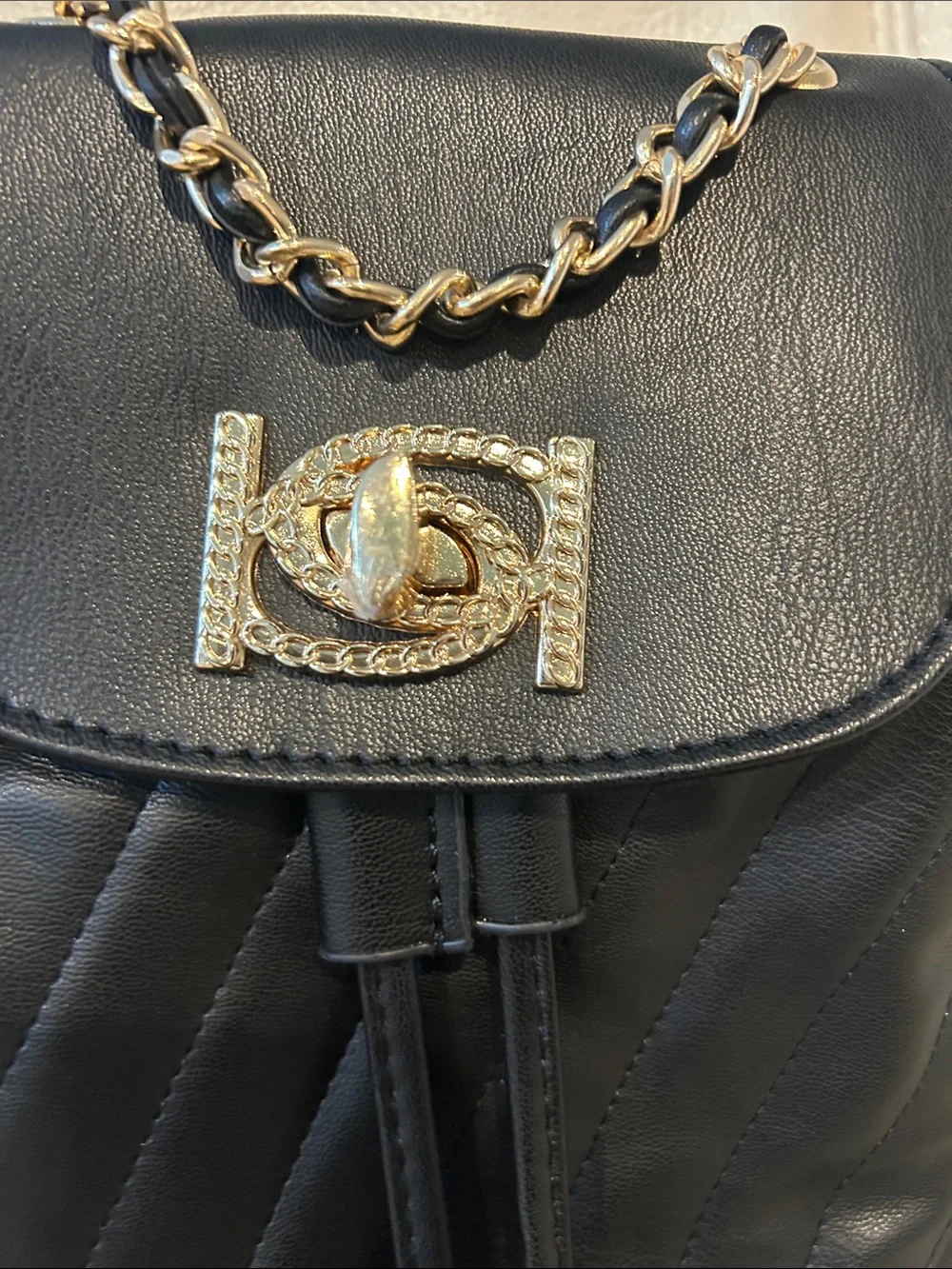 Bebe Black Quilted Mini Leather Convertible Backpack w/Gold Chain retail $99